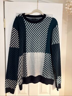 Ted Baker Striped Crewneck Sweater - Teal, Black & Cream
